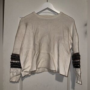 Beaded Sleeve Cream Textured Top – Boutique Quality Slightly Cropped Blouse